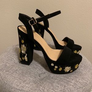 Chunky Embroidered Block Heels